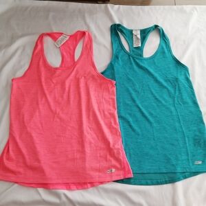 2 Item Athletic Works Racerback Perforated Back Tank Tops Teal Neon Pink Small